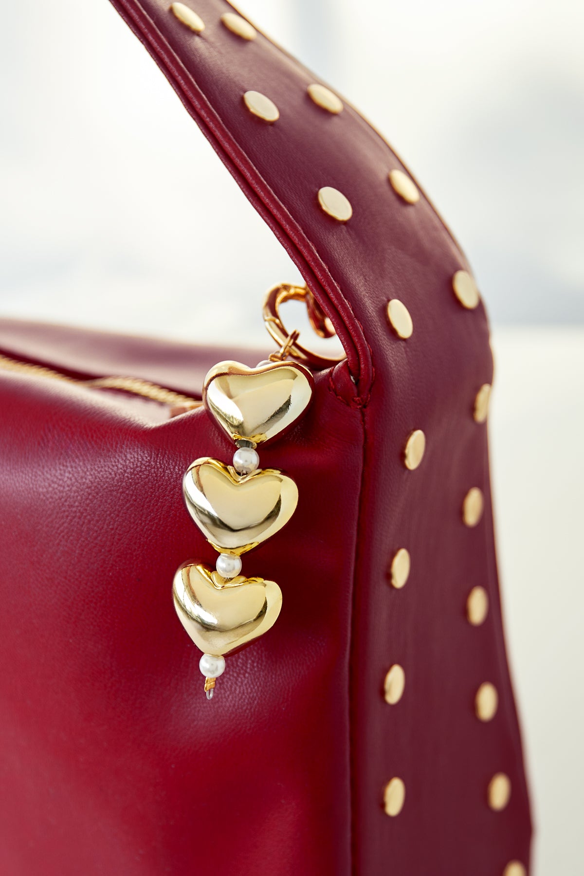 (per stuk) Bag charm hart met parels goud - 10cm