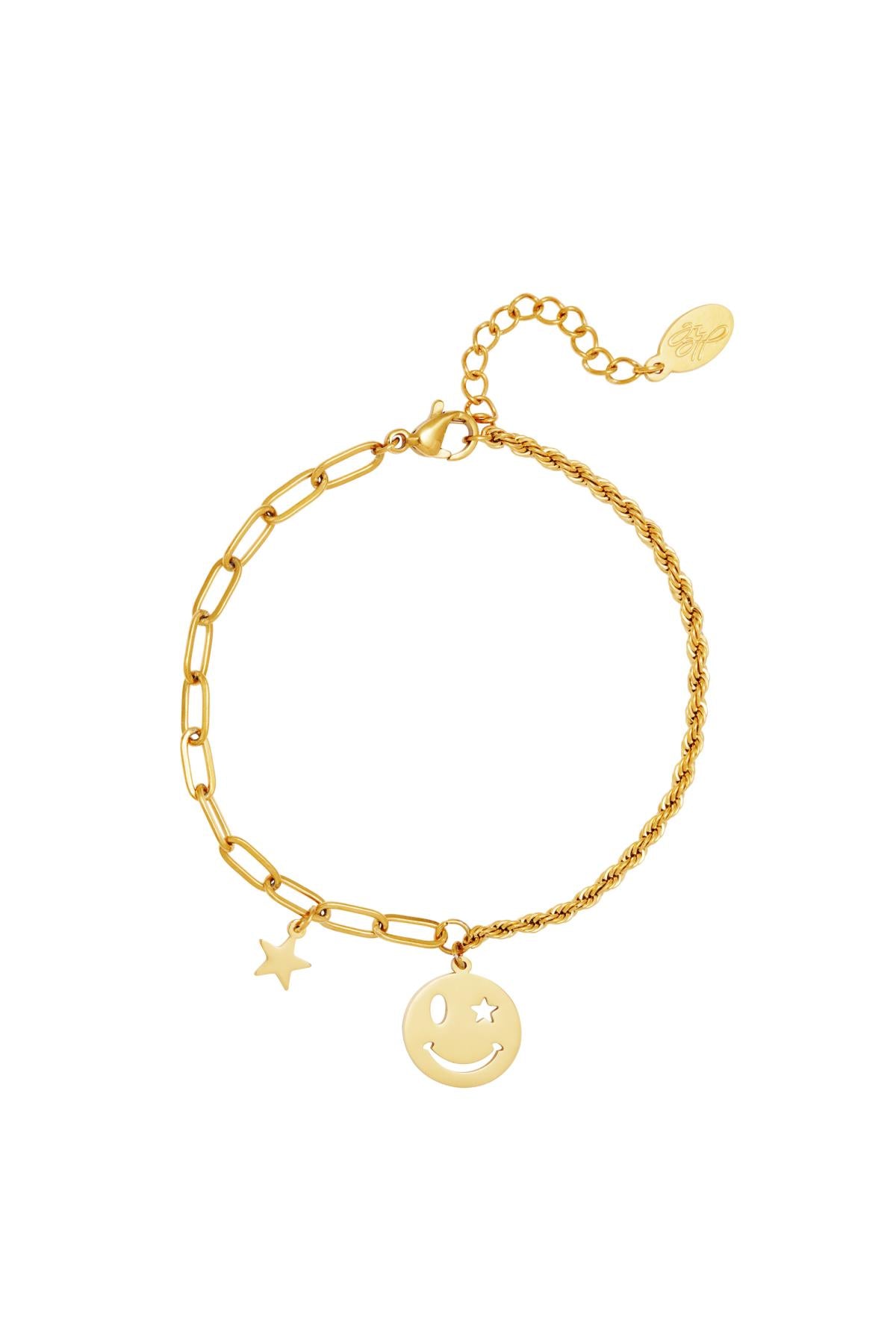 Armband met smiley en ster hangertje - goud RVS