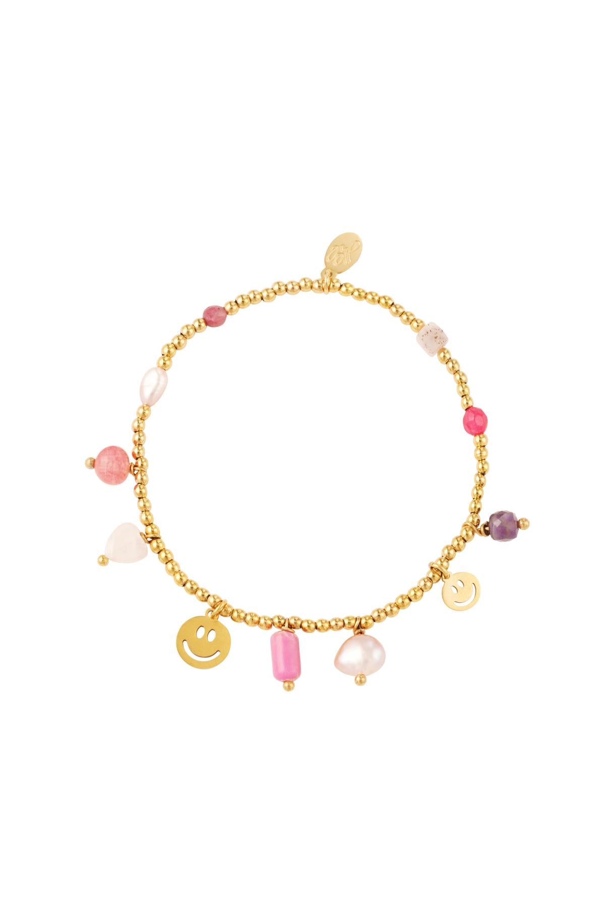 Armband smile met roze bedels - goud RVS