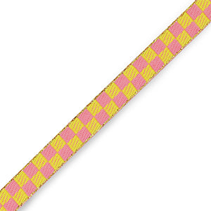 Blokjes lint geel roze 10mm breed, geschikt voor armband maken, 1 meter lang, polyester materiaal