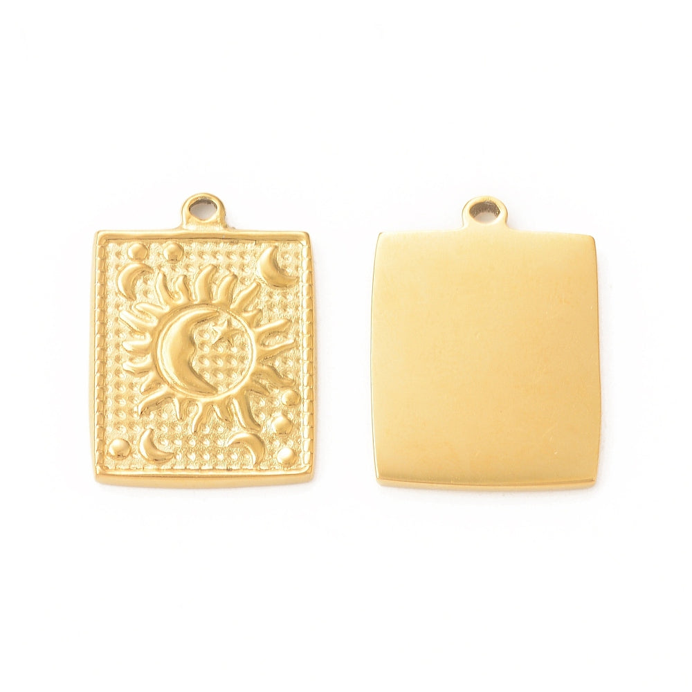 (per stuk) Roestvrij stalen (RVS) Zon en maan bedel rechthoekig goud - 22x17mm