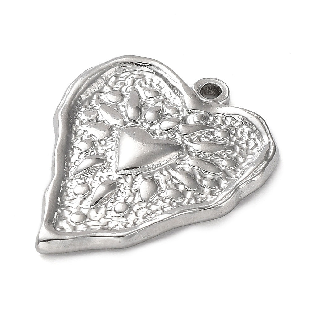 (per stuk) Roestvrij stalen (RVS) bedel hart zilver - 25,5x21mm