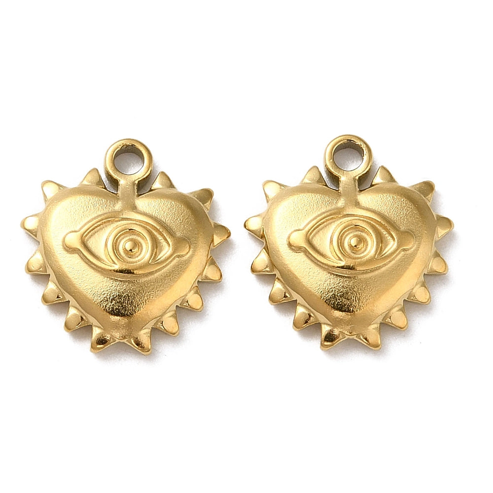(per stuk) Roestvrij stalen (RVS) bedel hart met oog goud - 13x12mm