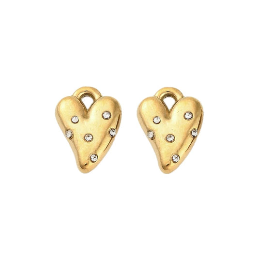 (per stuk) Roestvrij stalen (RVS) hart bedel met steentjes goud - 14,5x10,5mm