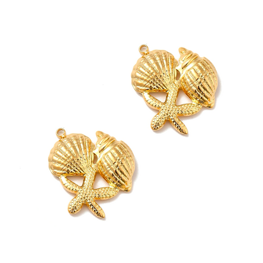 (per stuk) Roestvrij stalen (RVS) bedel zeester en schelp goud - 21x20mm