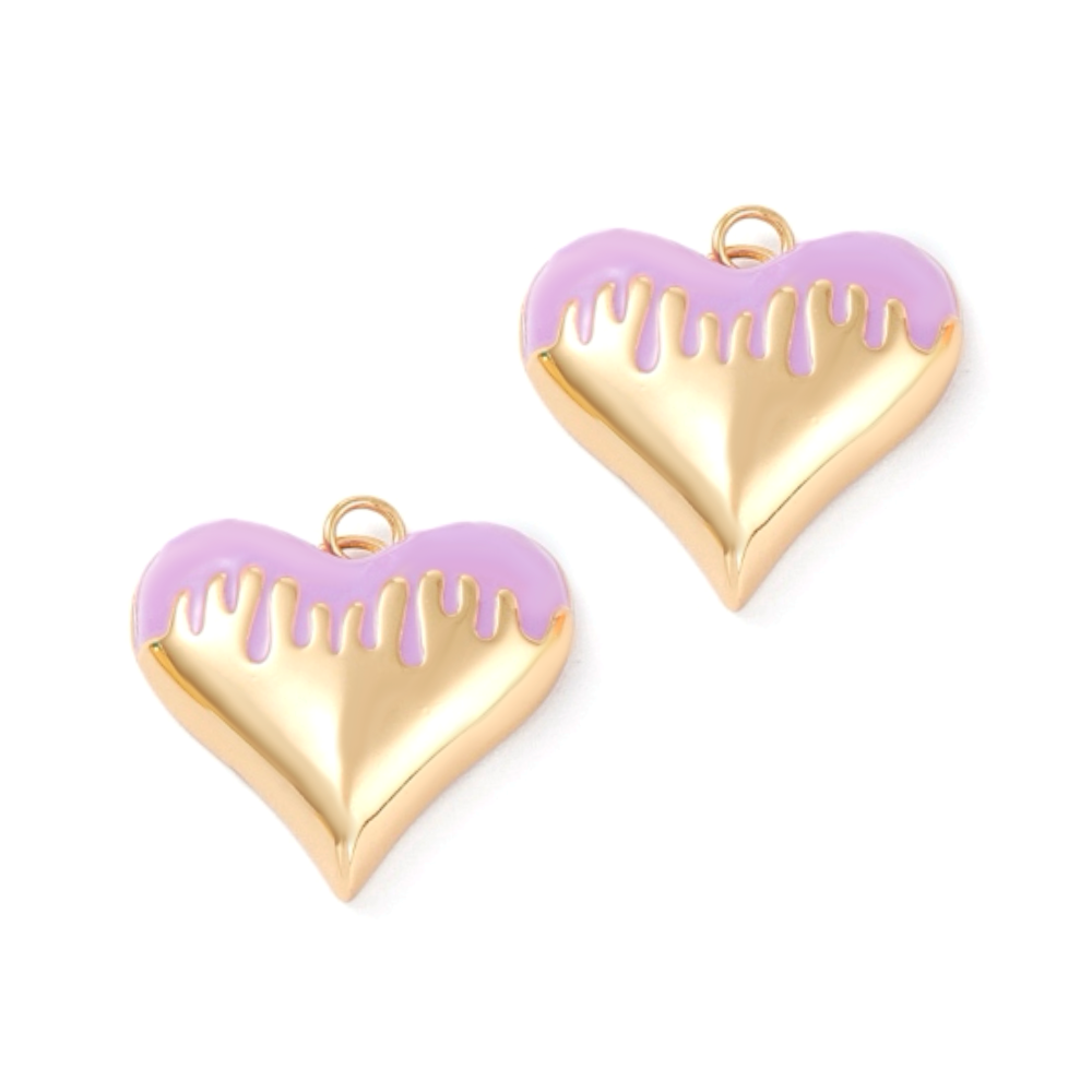 (per stuk) Gesmolten hart bedel goud paars - 25,5x27mm