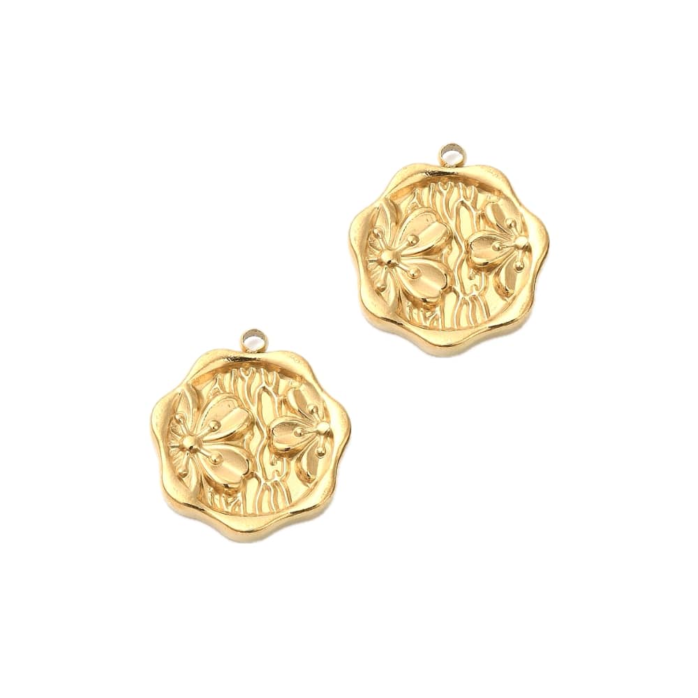 (per stuk) Roestvrij stalen (RVS) bedel hexagon met bloem goud - 18x16mm