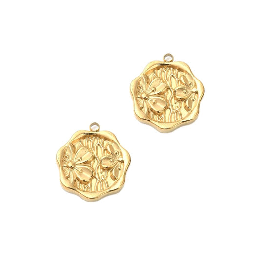 (per stuk) Roestvrij stalen (RVS) bedel hexagon met bloem goud - 18x16mm