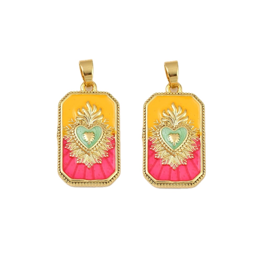 (per stuk) Heilig hart bedel rechthoekig goud geel roze - 27,5x15,5mm