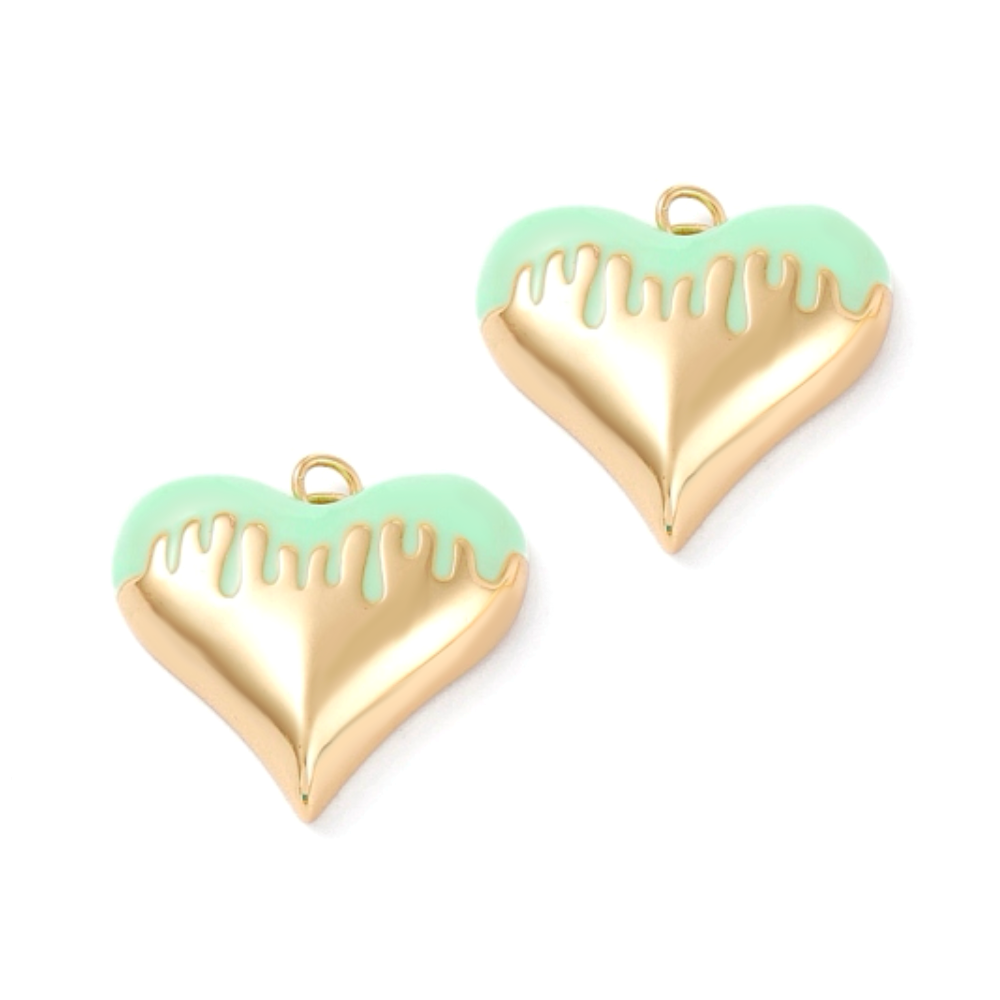 (per stuk) Gesmolten hart bedel goud groen - 25,5x27mm