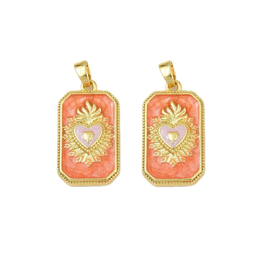 (per stuk) Heilig hart bedel rechthoekig goud oranje - 27,5x15,5mm