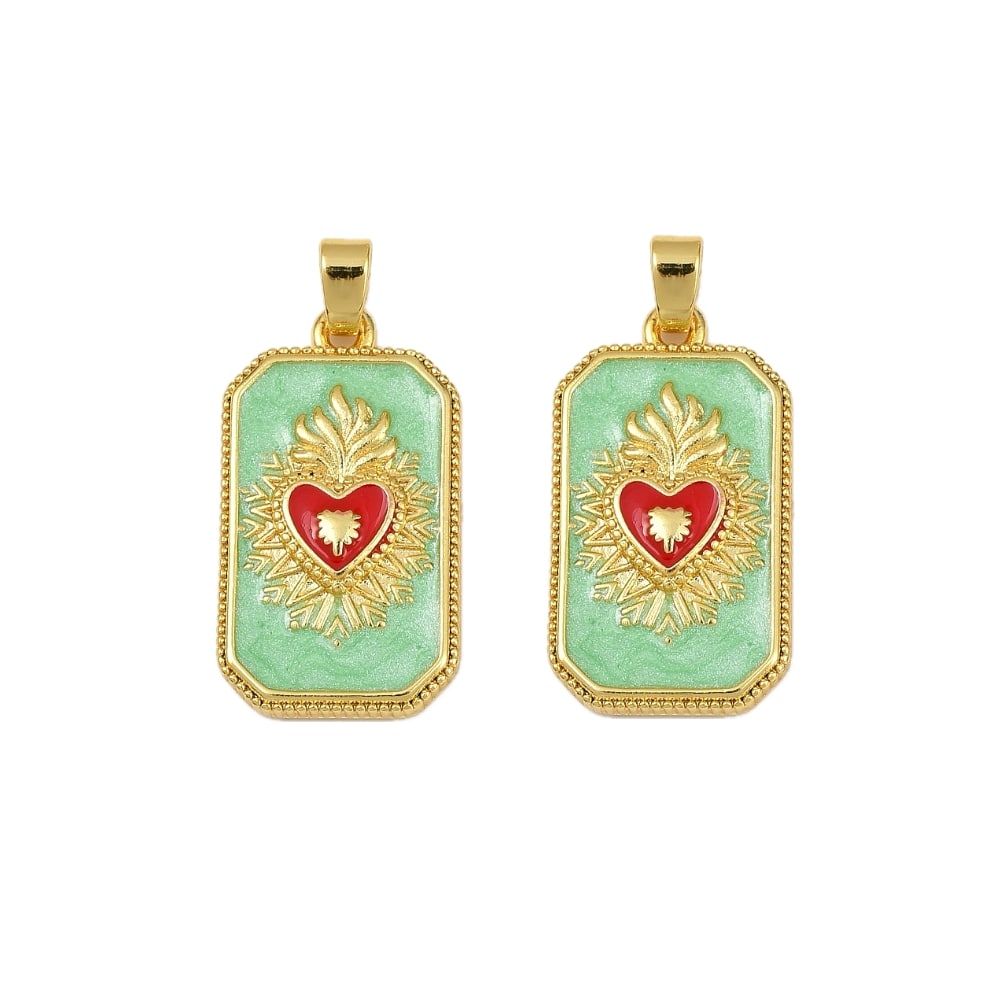 (per stuk) Heilig hart bedel rechthoekig goud groen - 27,5x15,5mm
