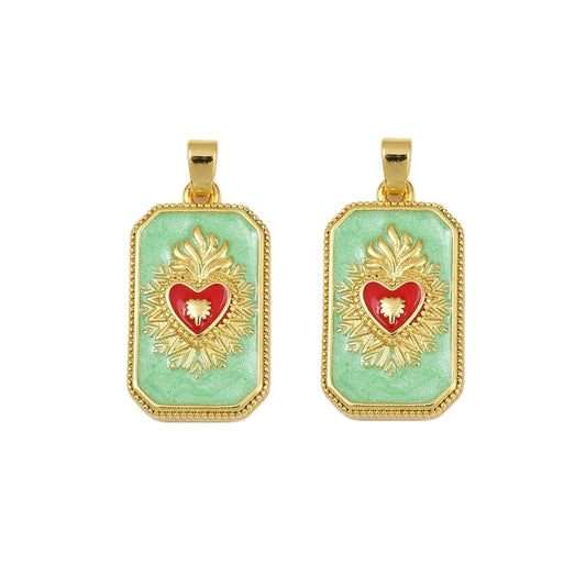 (per stuk) Heilig hart bedel rechthoekig goud groen - 27,5x15,5mm