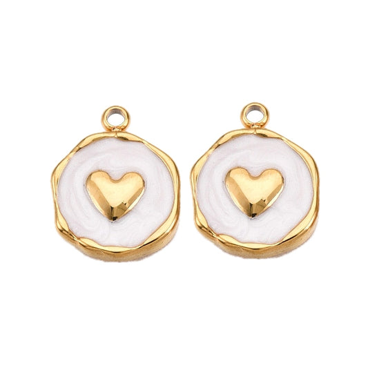 (per stuk) Roestvrij stalen (RVS) hart stempel bedel goud wit - 16x12,5mm
