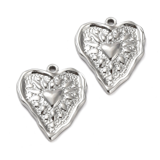 (per stuk) Roestvrij stalen (RVS) bedel hart zilver - 25,5x21mm