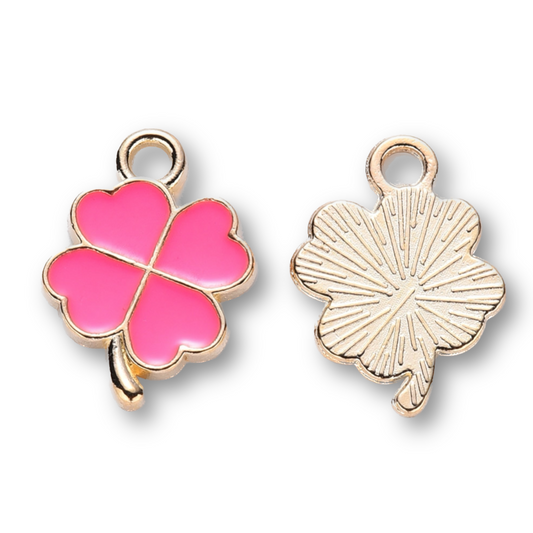 (per stuk) Klavervier bedel roze - 18x12mm