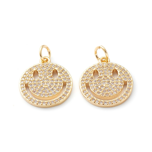 (per stuk) Smiley bedel Zirkonia goud - 17x14,5mm