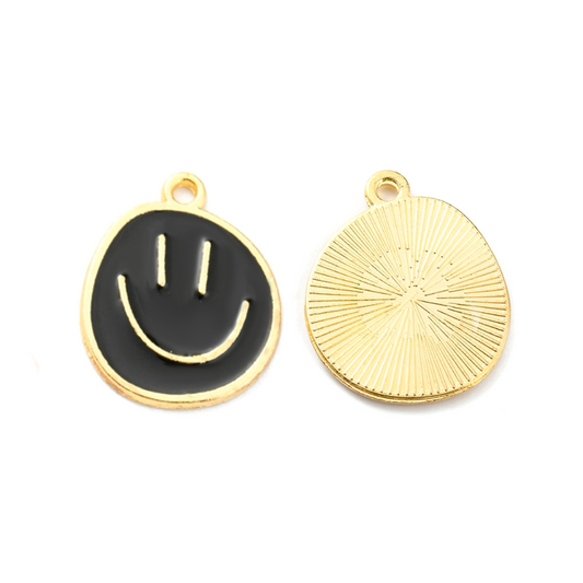 (per stuk) Smiley bedel zwart goud - 24,5x20mm