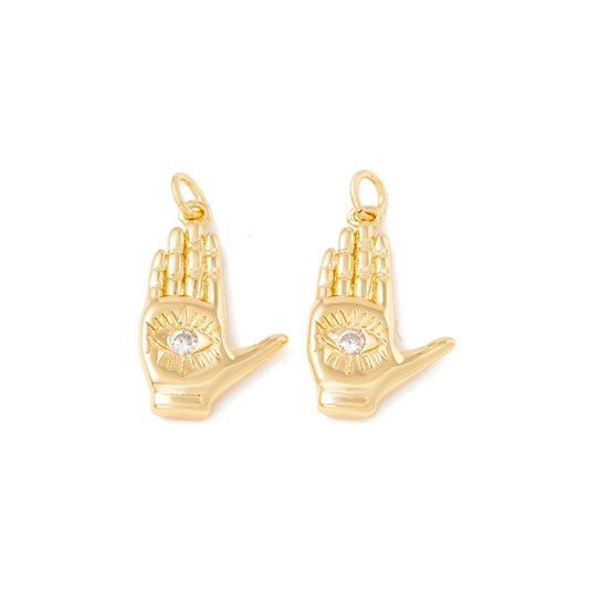 (per stuk) Hand met oog bedel Zirkonia goud - 22x14mm