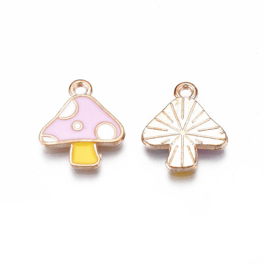 (per stuk) Paddenstoel bedel roze en wit - 15x13mm