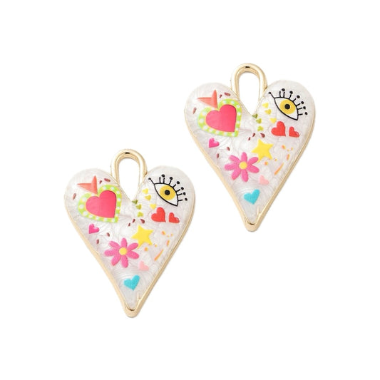 (per stuk) Hart bedel groot goud met wit en multicolour - 34,5x25,5mm