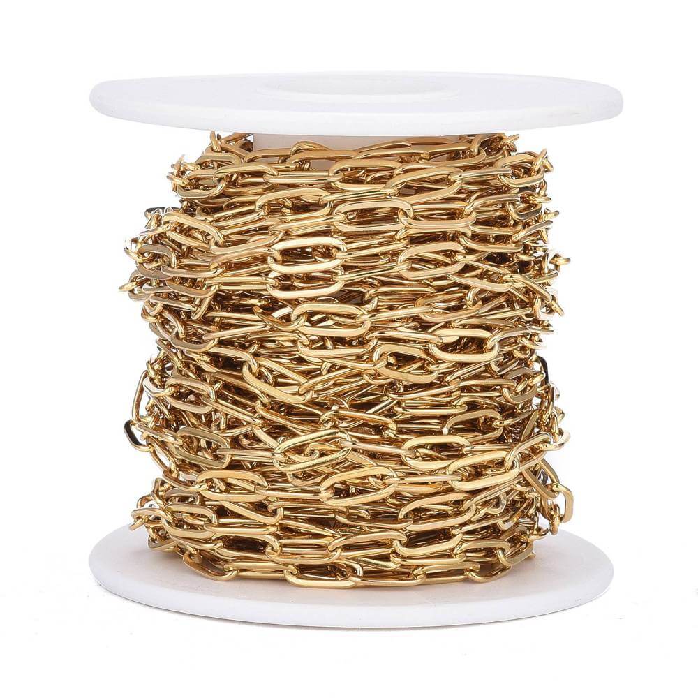 Gouden roestvrijstalen paperclipketting op klos, 9,7x4,2mm, perfect voor allergievrije sieraden maken. Verkocht per 20cm.