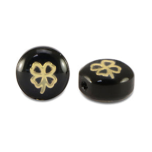 (per stuk) Glaskralen Rondellen Zwart Klaver Vier - 8mm