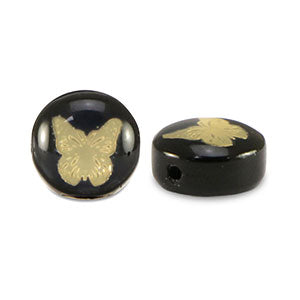 (per stuk) Glaskralen Rondellen Zwart Vlinder - 8mm