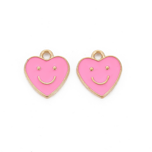 (per stuk) Roze Smiley Hartjes bedel - 13x12mm