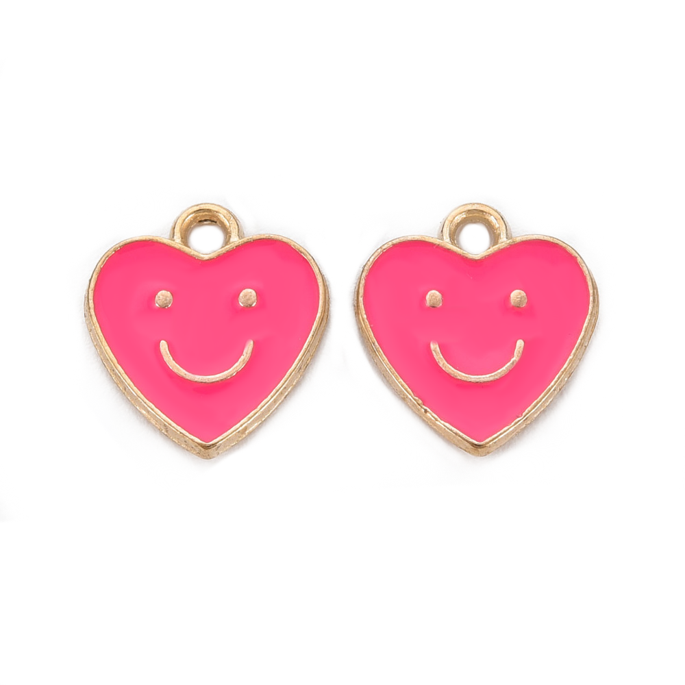 (per stuk) Fuchsia Roze Smiley Hartjes bedel - 13x12mm