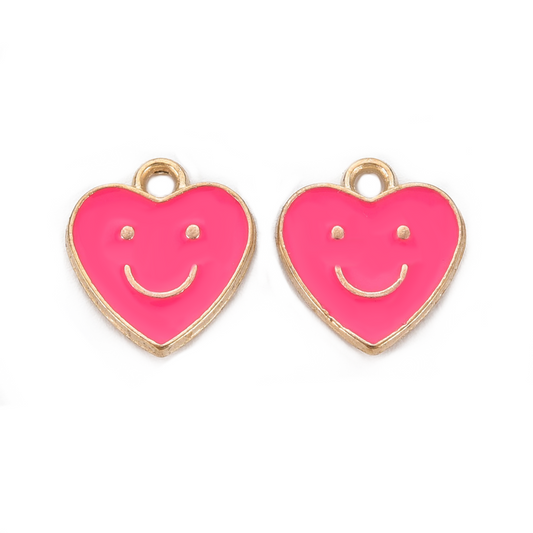 (per stuk) Fuchsia Roze Smiley Hartjes bedel - 13x12mm