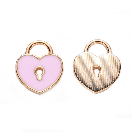 (per stuk) Hartjes bedel roze met slotgat - 13x11x1,5mm