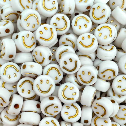 5 stuks Smiley kraal Wit met Goud - 7mm