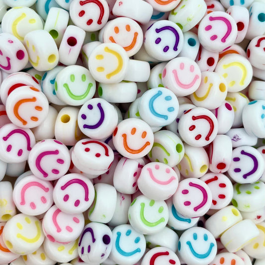 5 stuks Smiley kralen wit met verschillende kleuren smiley print - 7mm