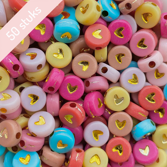 50 stuks Verschillende kleuren Pastel Hartjes kralen Goud - 7mm