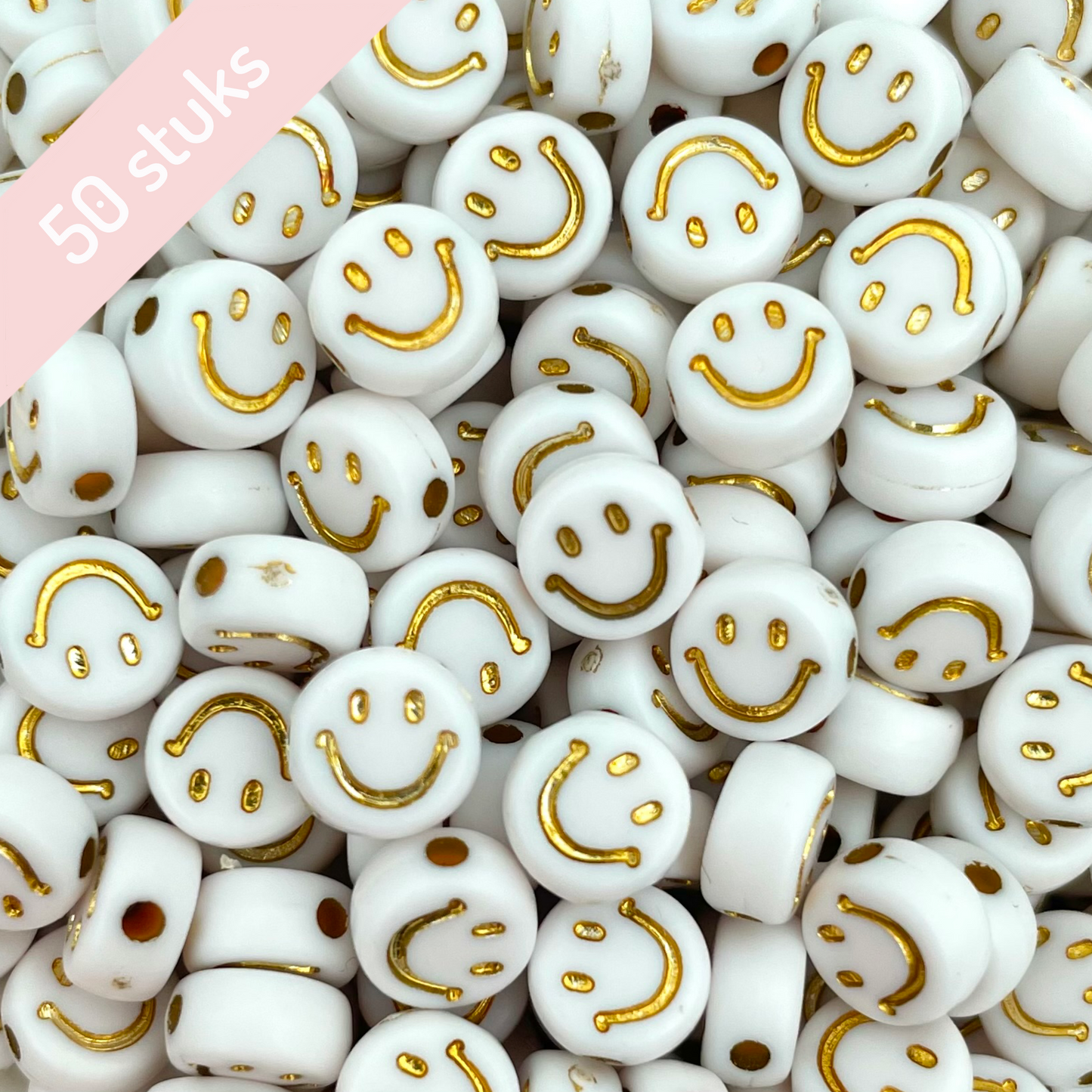 50 stuks Smiley kraal Wit met Goud - 7mm