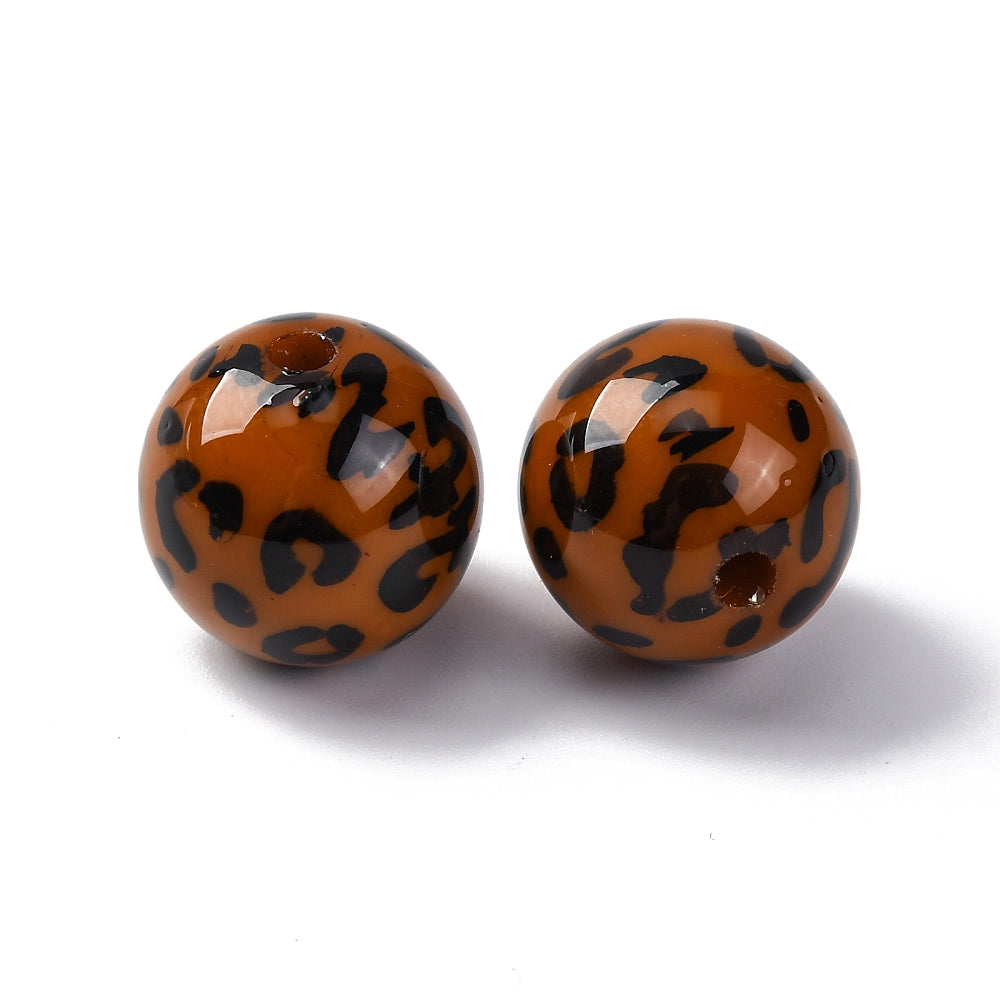 (per stuk) Grote ronde acryl kralen met luipaardprint bruin - 15mm