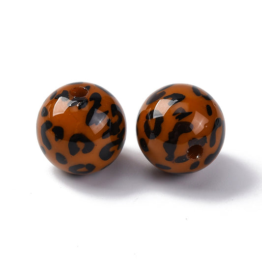 (per stuk) Grote ronde acryl kralen met luipaardprint bruin - 15mm