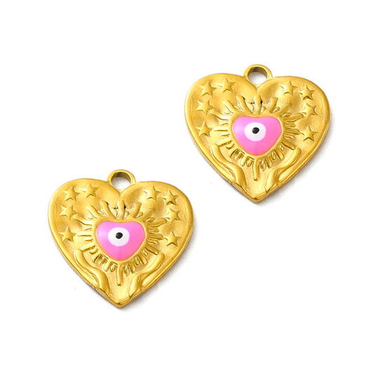 (per stuk) Roestvrij stalen (RVS) bedel hart met oog roze goud - 17,5x17mm