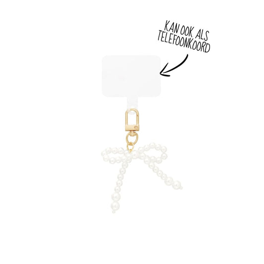 (per stuk) Bag charm strik wit goud - 7x8cm