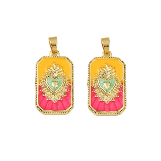 (per stuk) Heilig hart bedel rechthoekig goud geel roze - 27,5x15,5mm