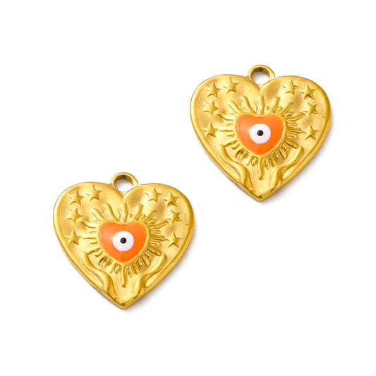 (per stuk) Roestvrij stalen (RVS) bedel hart met oog oranje goud - 17,5x17mm