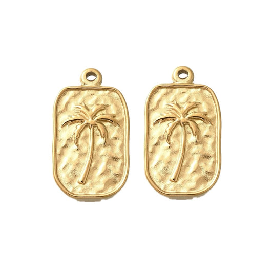 (per stuk) Roestvrij stalen (RVS) Palmboom bedel rechthoekig goud - 17,5x10mm