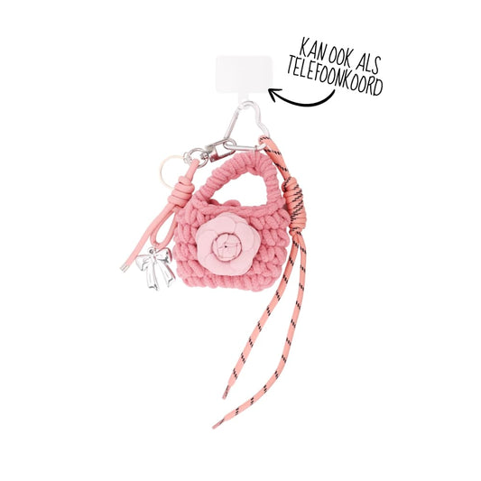 (per stuk) Bag charm bloem roze - 28x14cm