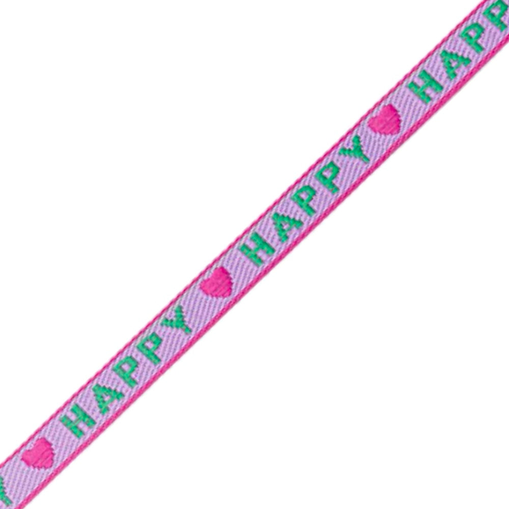 "Happy" lint paars roze van 10mm polyester, geschikt voor armbandjes, met hartjes en tekst "HAPPY", per meter.