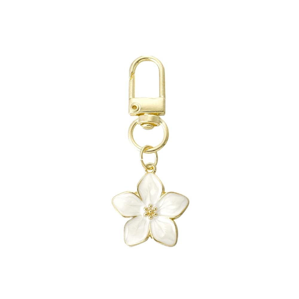 (per stuk) Bag charm en sleutelhanger bloem wit - 6,3x2,5cm