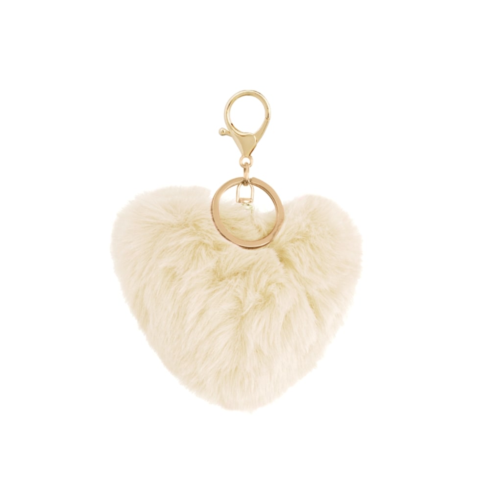 (per stuk) Bag charm en sleutelhanger pluche hart off-white - 9x9cm