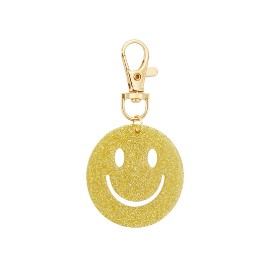 (per stuk) Bag charm en sleutelhanger smiley goudgeel - 4,6x8,5cm