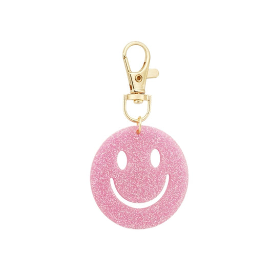 (per stuk) Bag charm en sleutelhanger smiley roze - 4,6x8,5cm