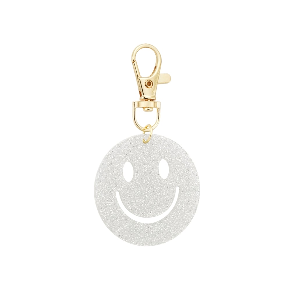 (per stuk) Bag charm en sleutelhanger smiley wit - 4,6x8,5cm